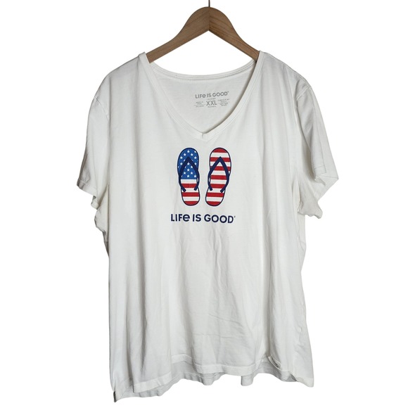 Life Is Good Tops - Life is Good T-Shirt Womens XXL White Flip Flops American Flag Graphic V-Neck